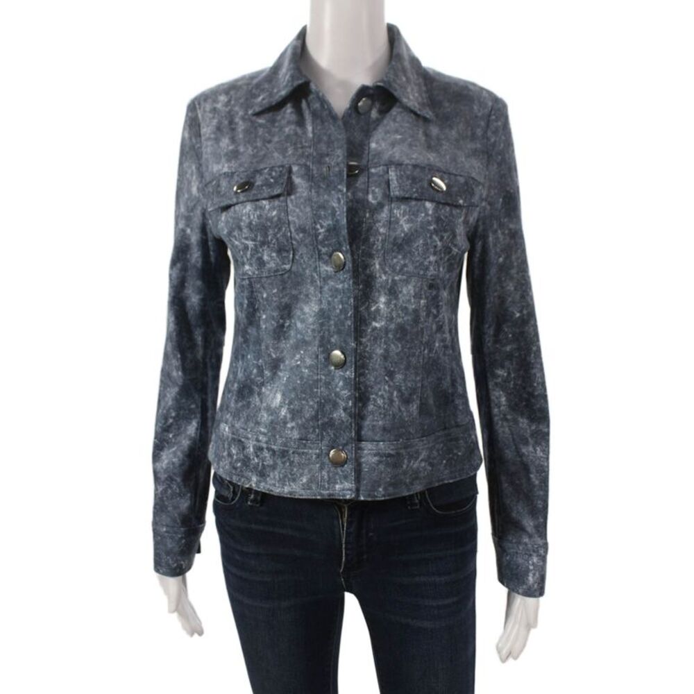 Insight Womens Basic Distressed Denim Jacket Blue Button Long Sleeve Size 16